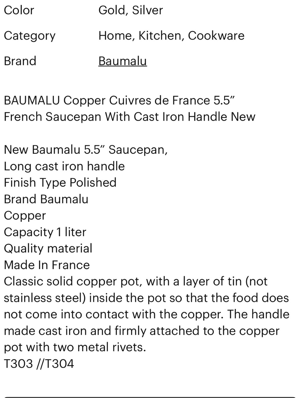 Baumalu Copper Cuivres de France 5.5” French Saucepan With Cast Iron Handle NWOT - Picture 6 of 6